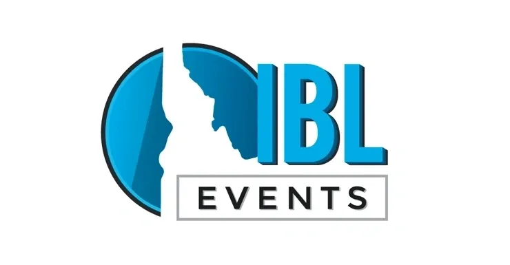 A blue and white logo for ibl events