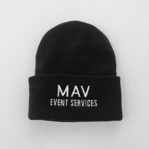 A black hat with mav event services written on it.