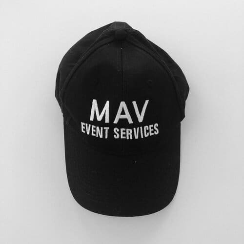 A black hat with the word mav event services on it.