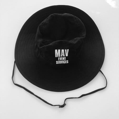 A black hat with the word may written on it.